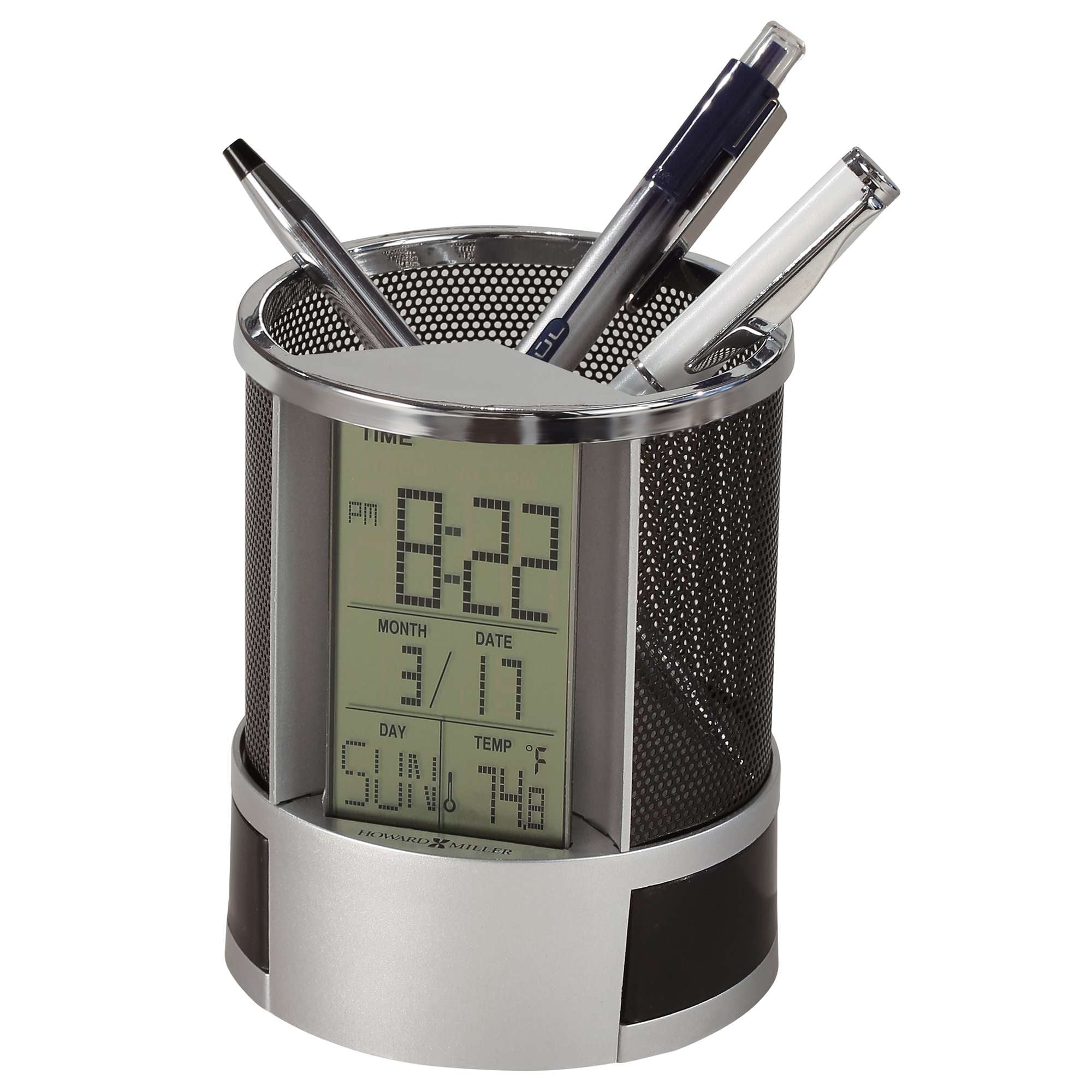 A pen holder with digital clock and temperature display
