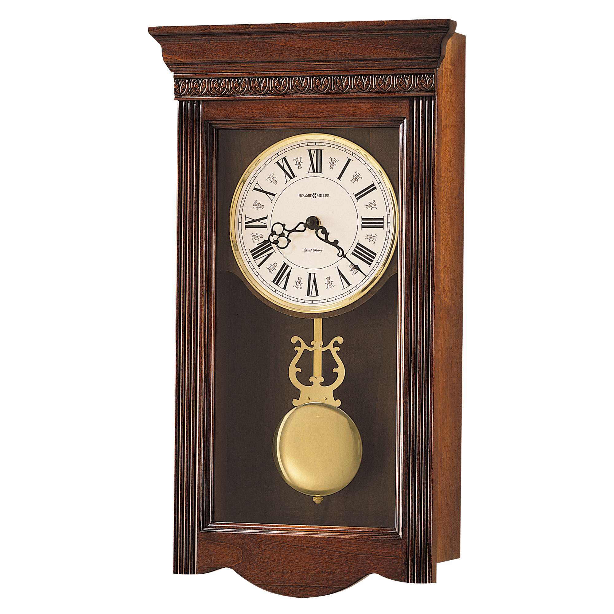 Wall-mounted wooden clock featuring a circular face and pendulum