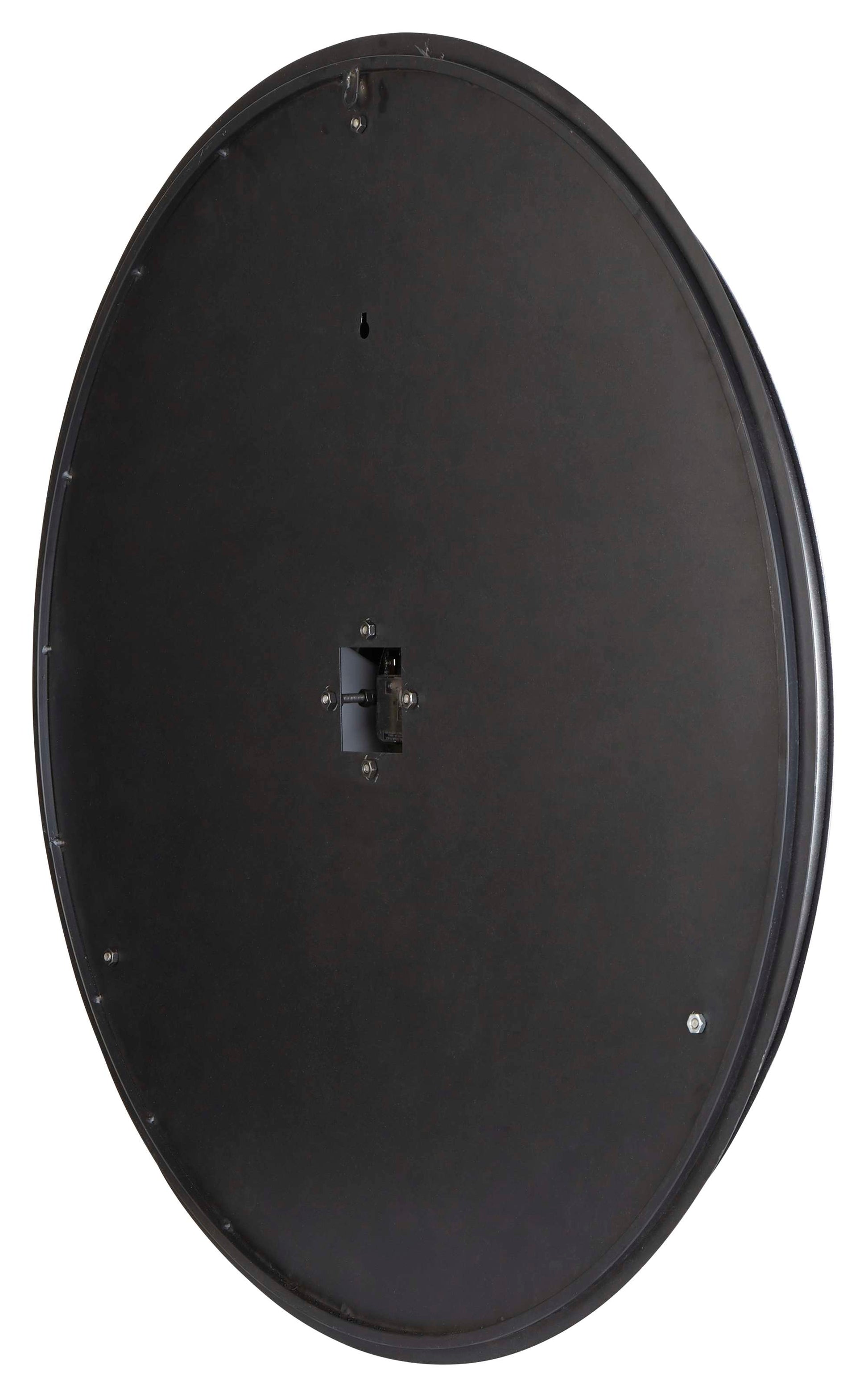 Back view of an oval wall mirror with a black frame.