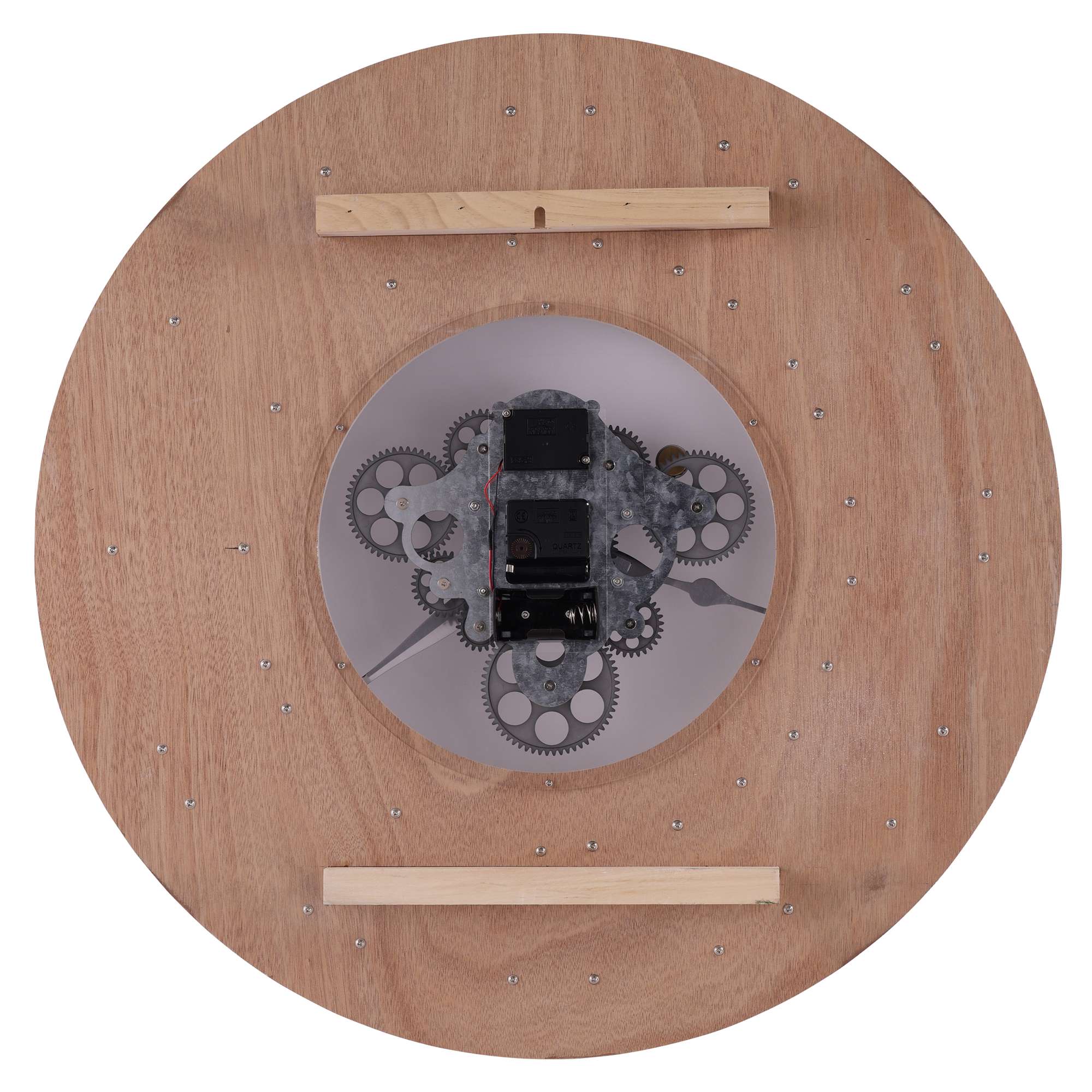 Top view of a circular wooden object featuring mechanical parts and a central device.