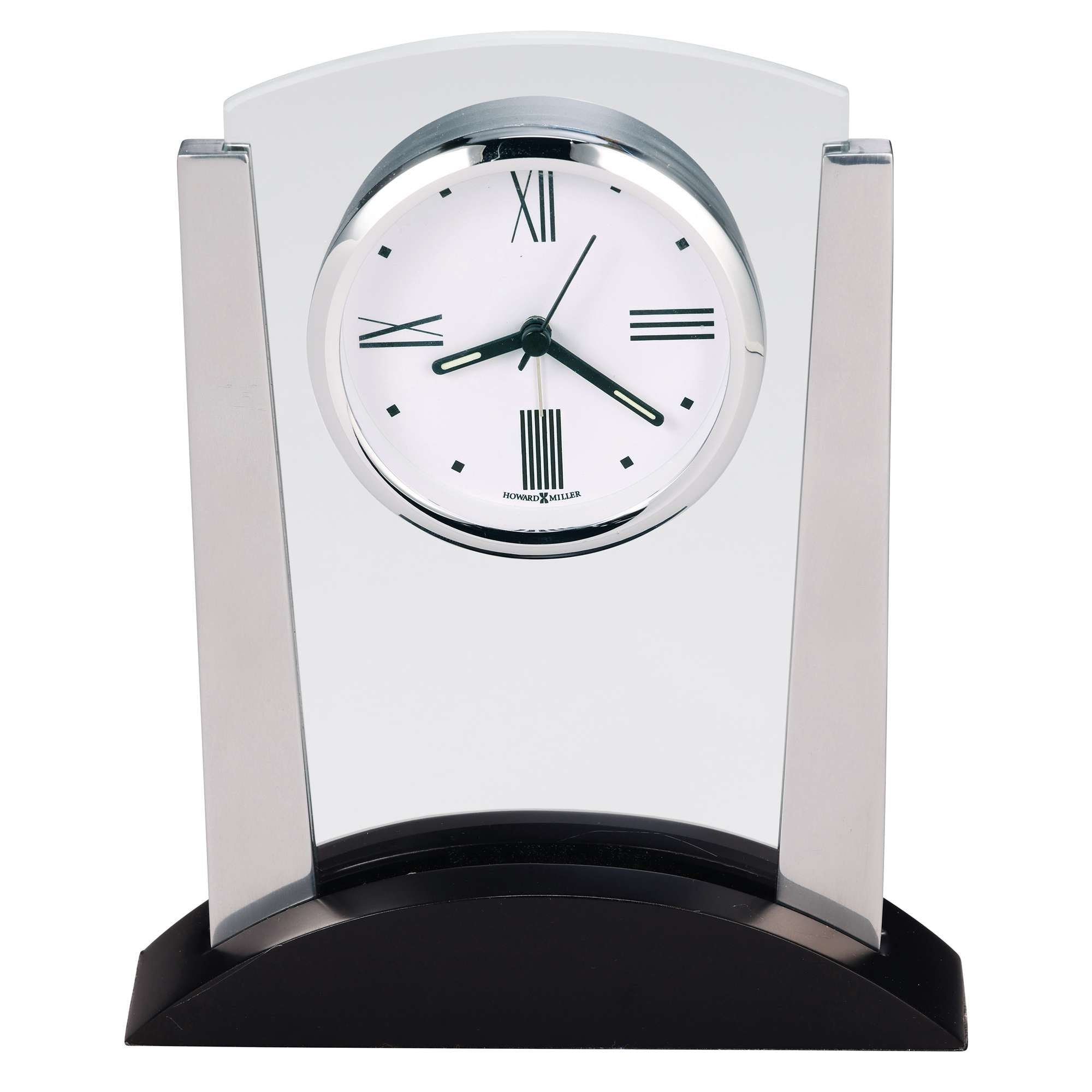 A sleek, modern desk clock with a round face and Roman numerals, set against a clear background.