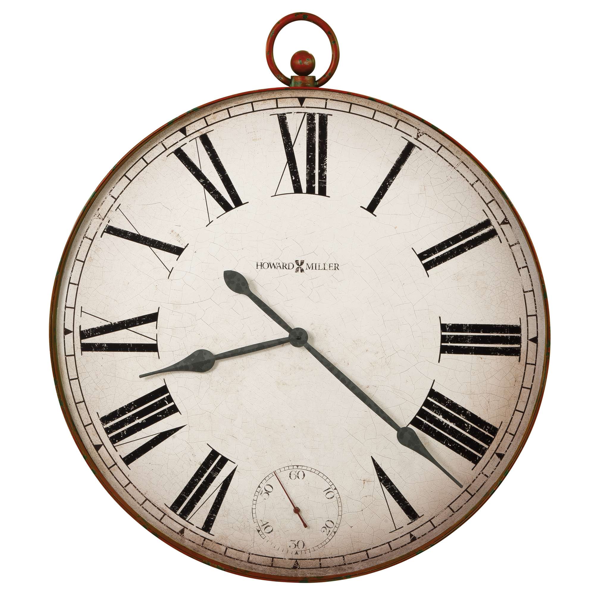 A vintage round wall clock with Roman numerals and a weathered white face.