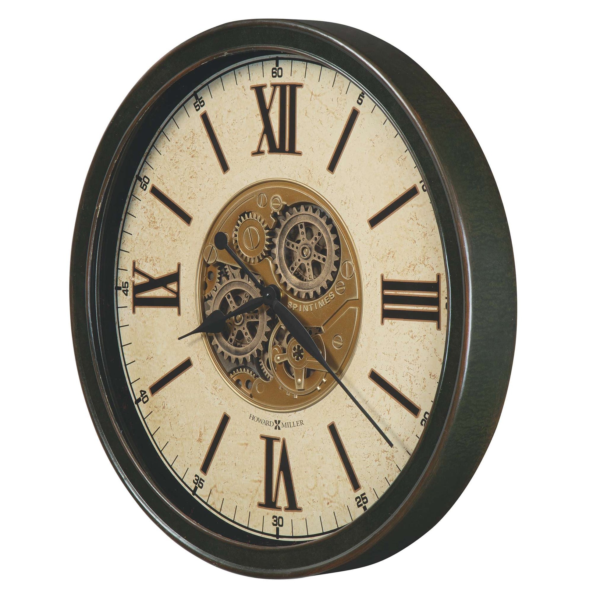 Vintage wall clock with Roman numerals and visible gears
