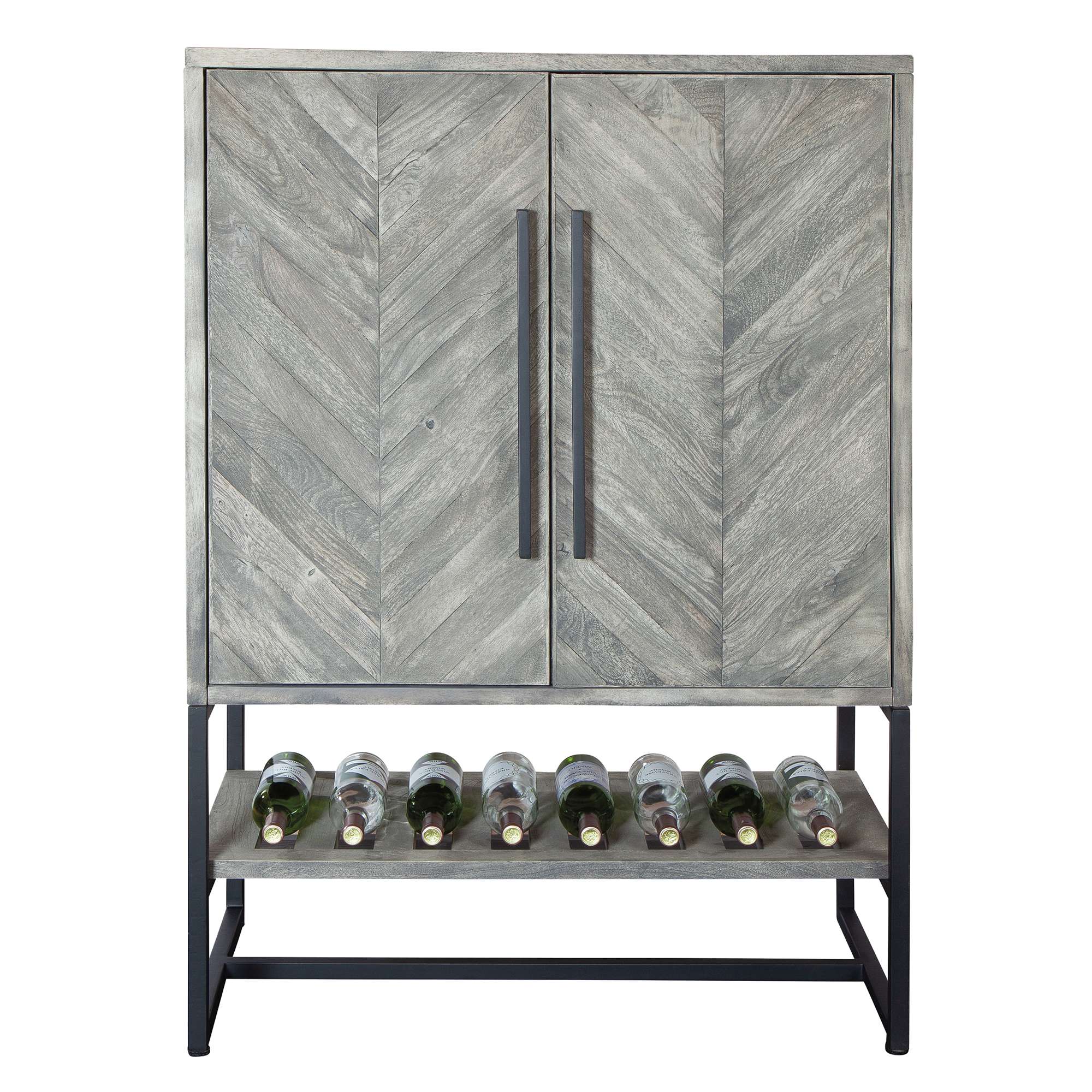 Modern grey wood cabinet with chevron pattern and wine storage