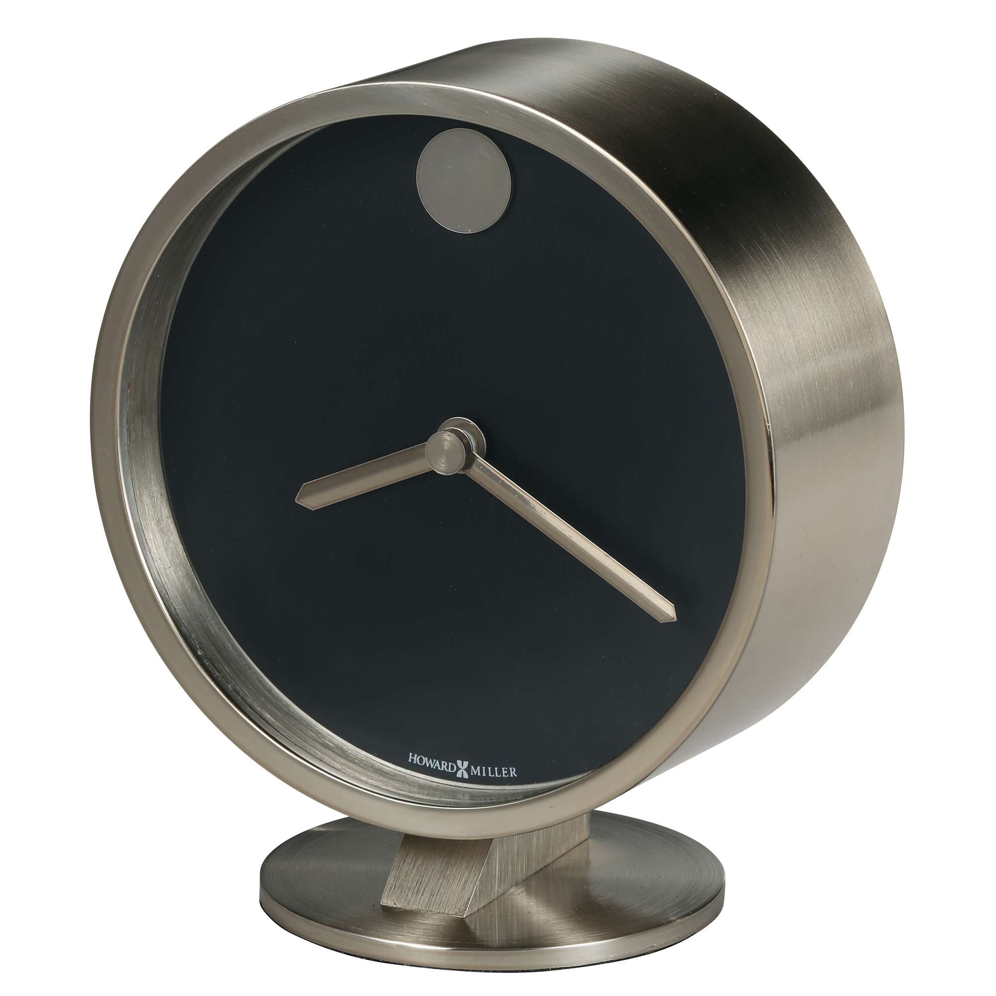 Modern round metal desk clock with a black face