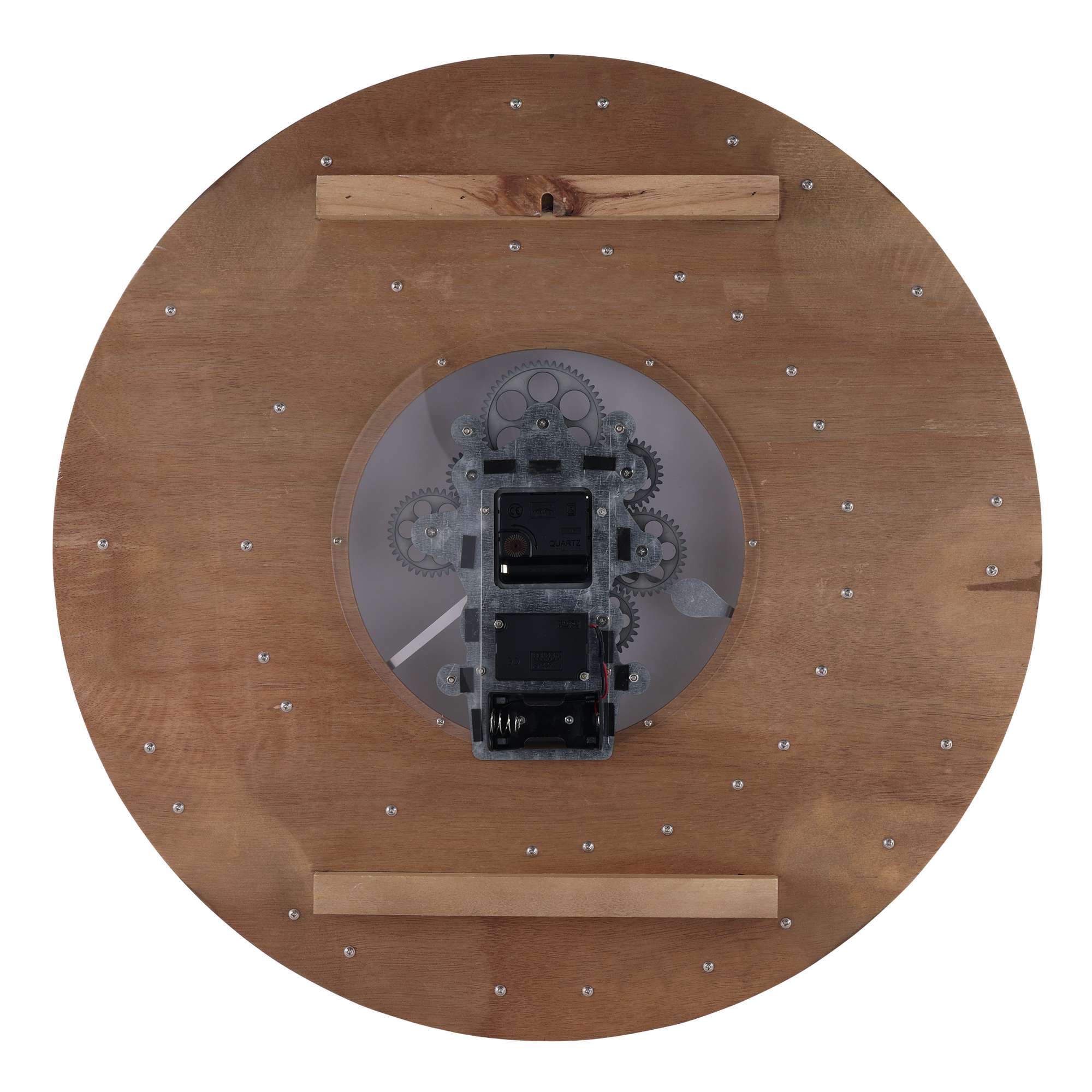 Top view of a circular wooden base with a robot at the center.