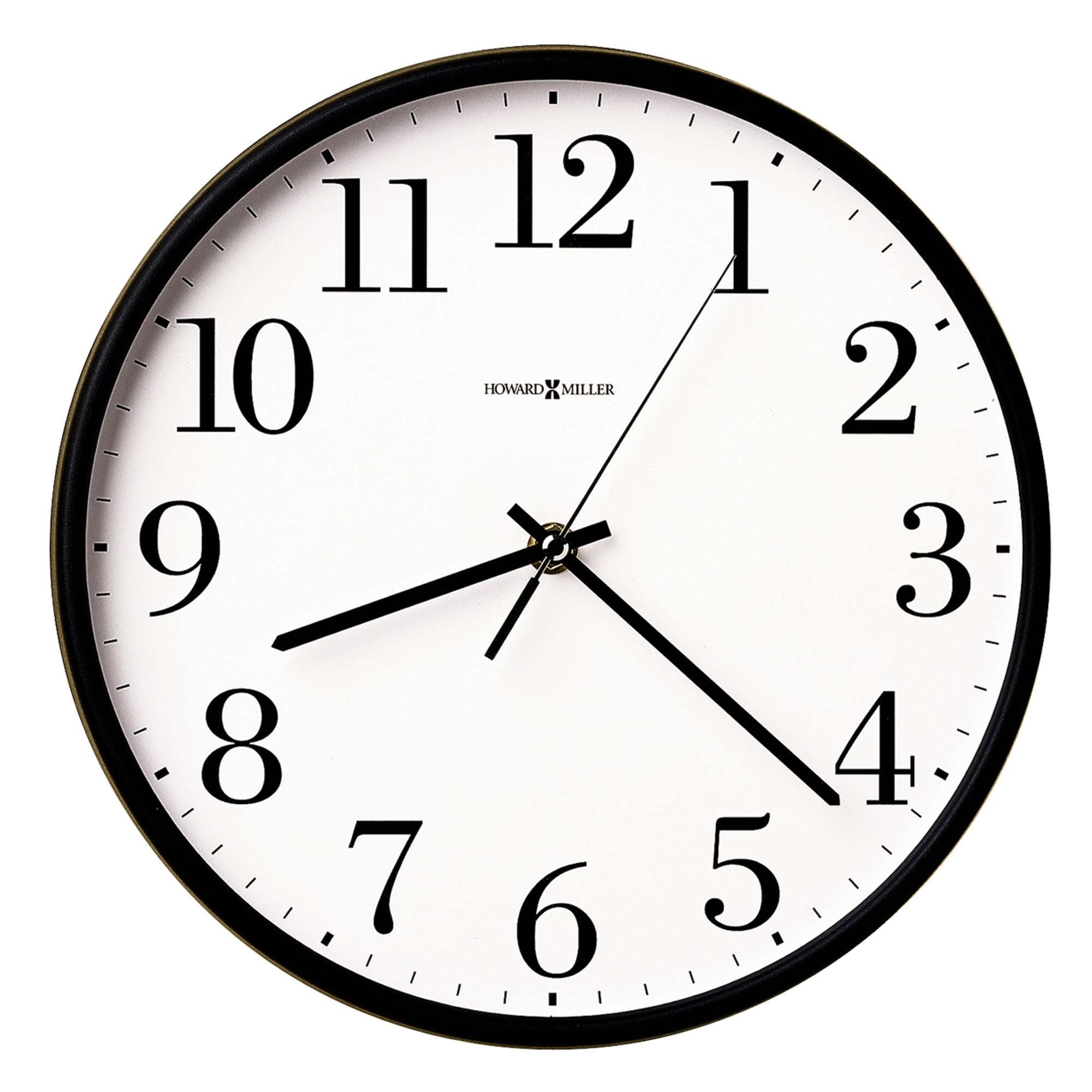 A round wall clock with black numbers on a white face.