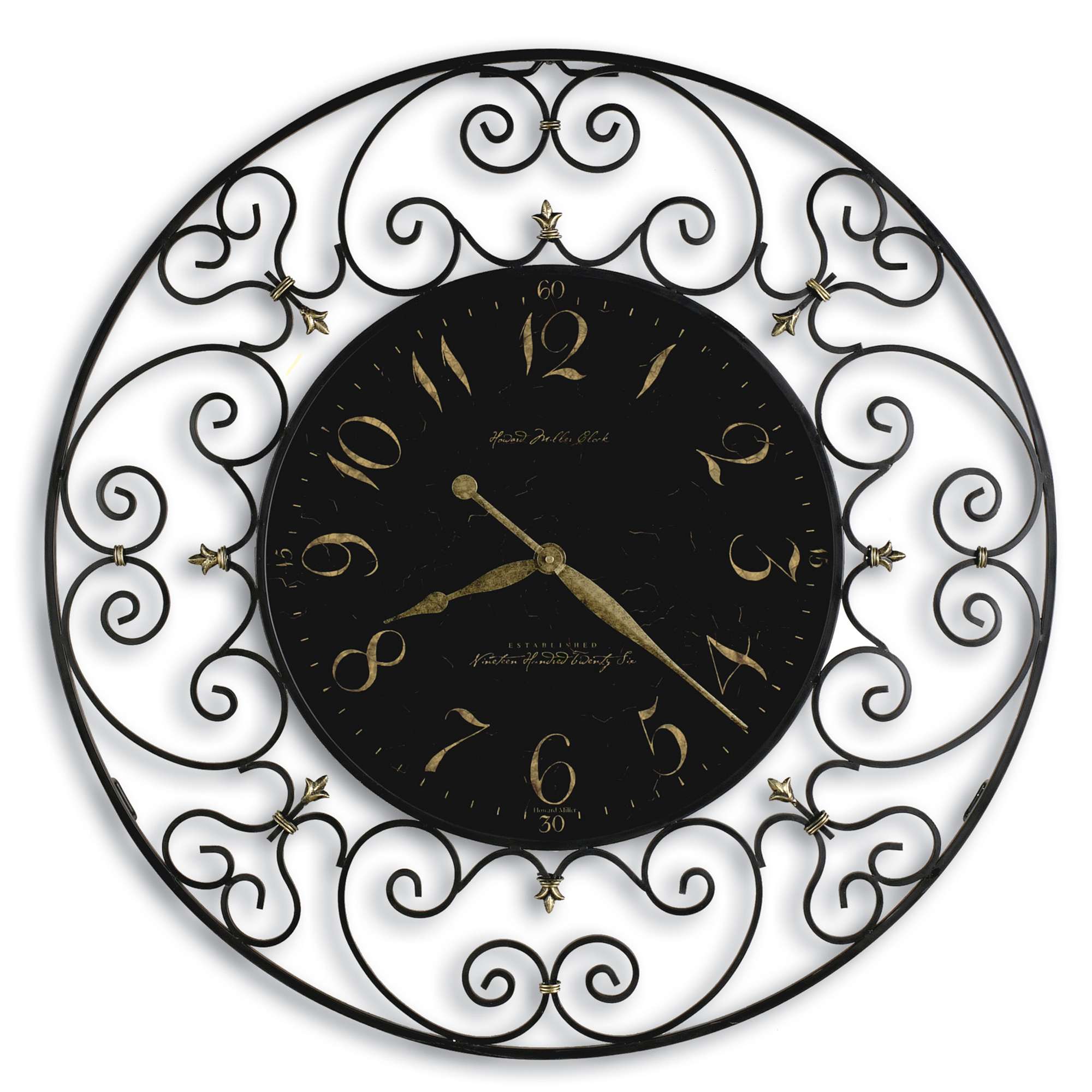 Decorative black wall clock with ornate ironwork design