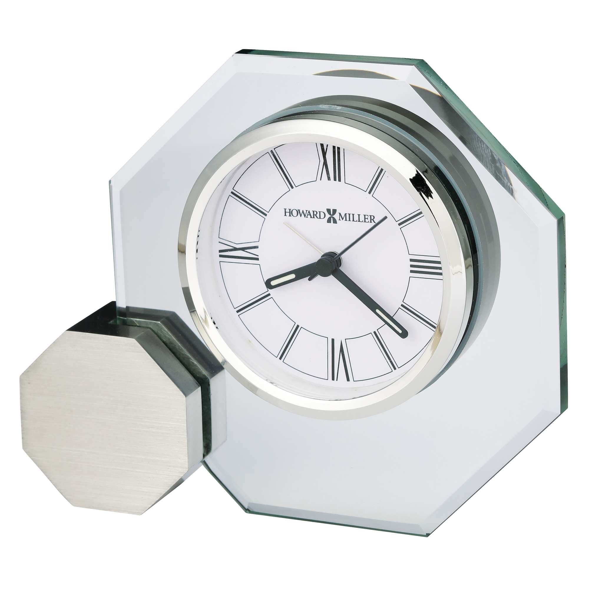 A stylish octagonal glass clock with Roman numerals and a sleek metallic base.