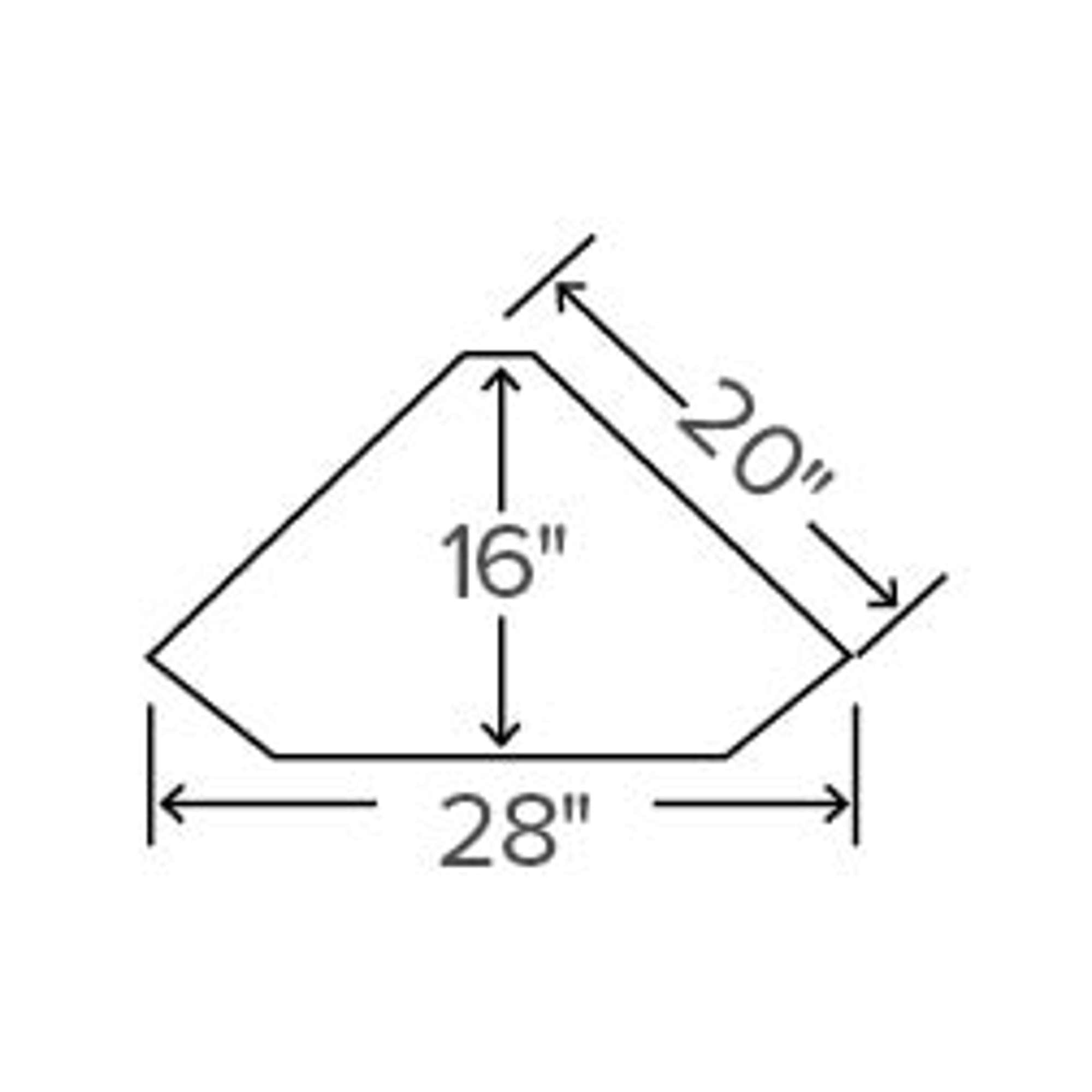 Diagram of a trapezoidal shape with dimensions labeled: 20 inches (height), 16 inches (width), and 28 inches (bottom length).