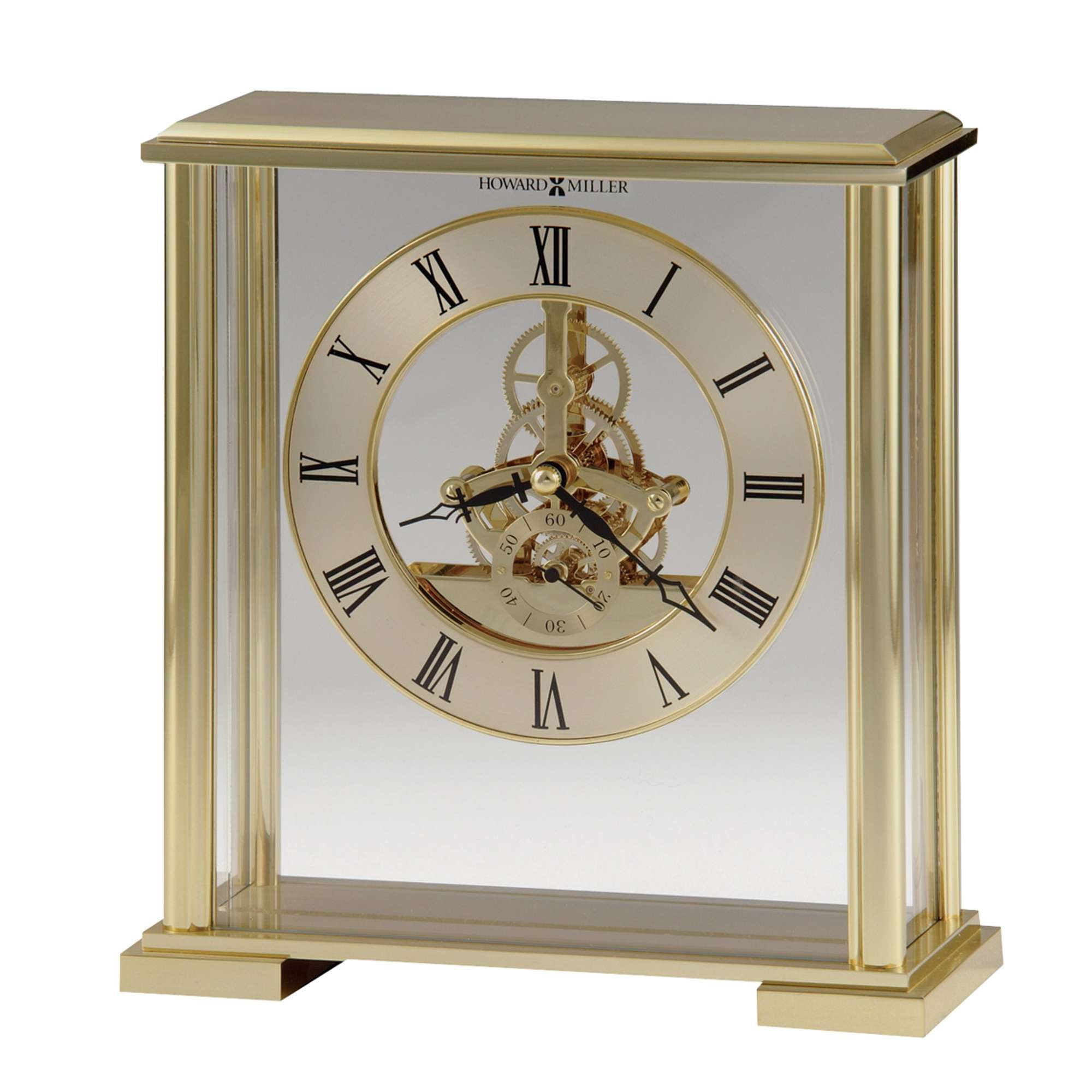 Elegant gold tabletop clock with a transparent face and Roman numerals.