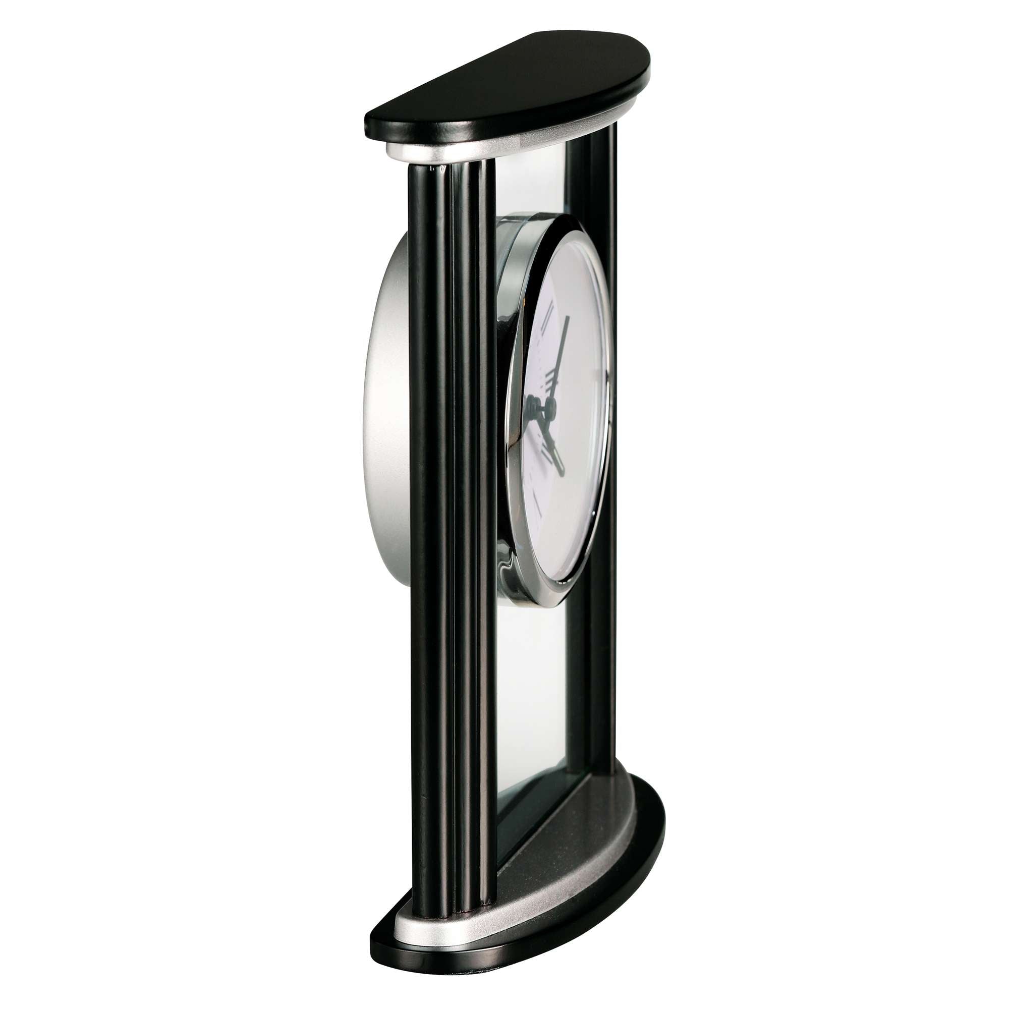 Modern black and silver tabletop clock with a sleek design