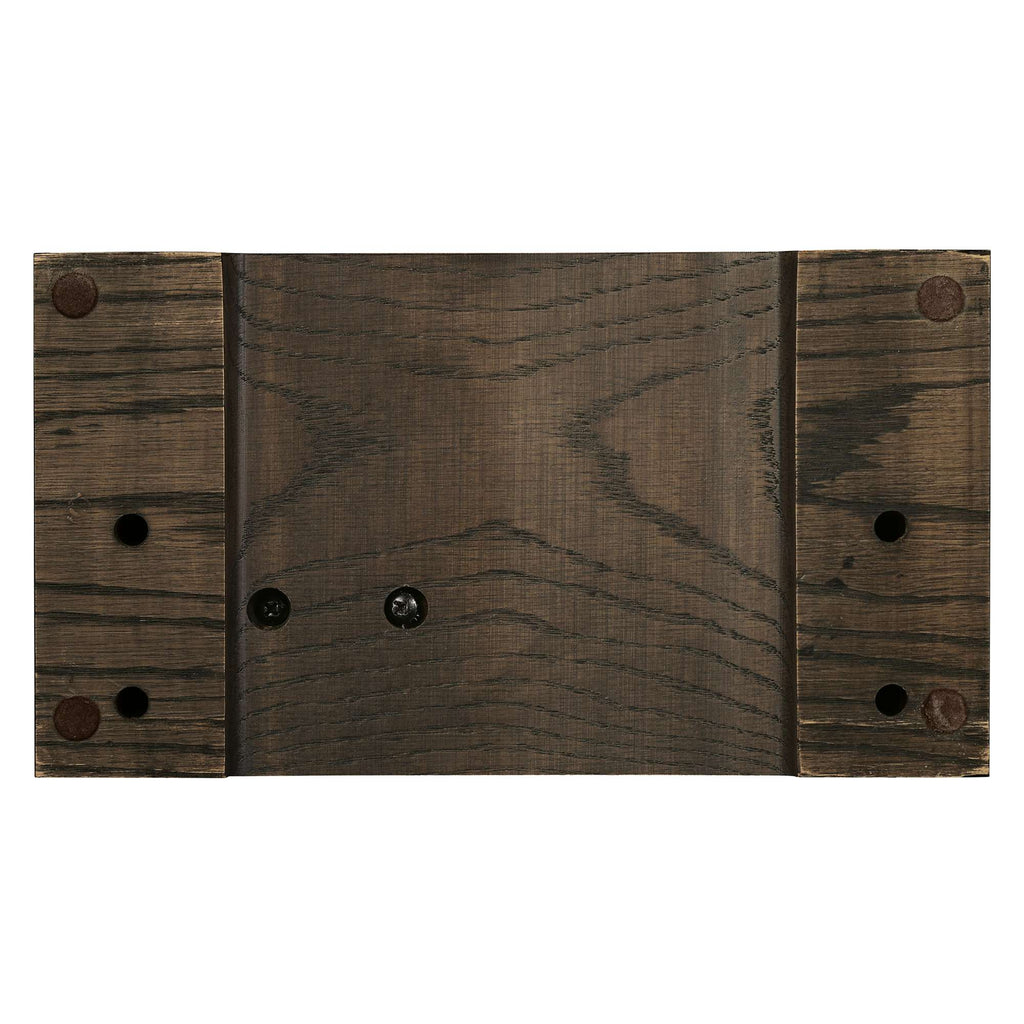 A rustic wooden panel with a dark finish and visible screws.