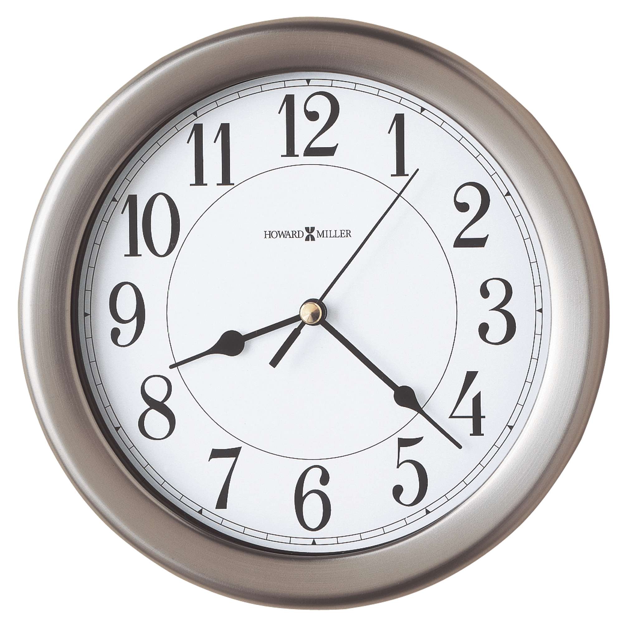 A round wall clock with a white face and black numbers.