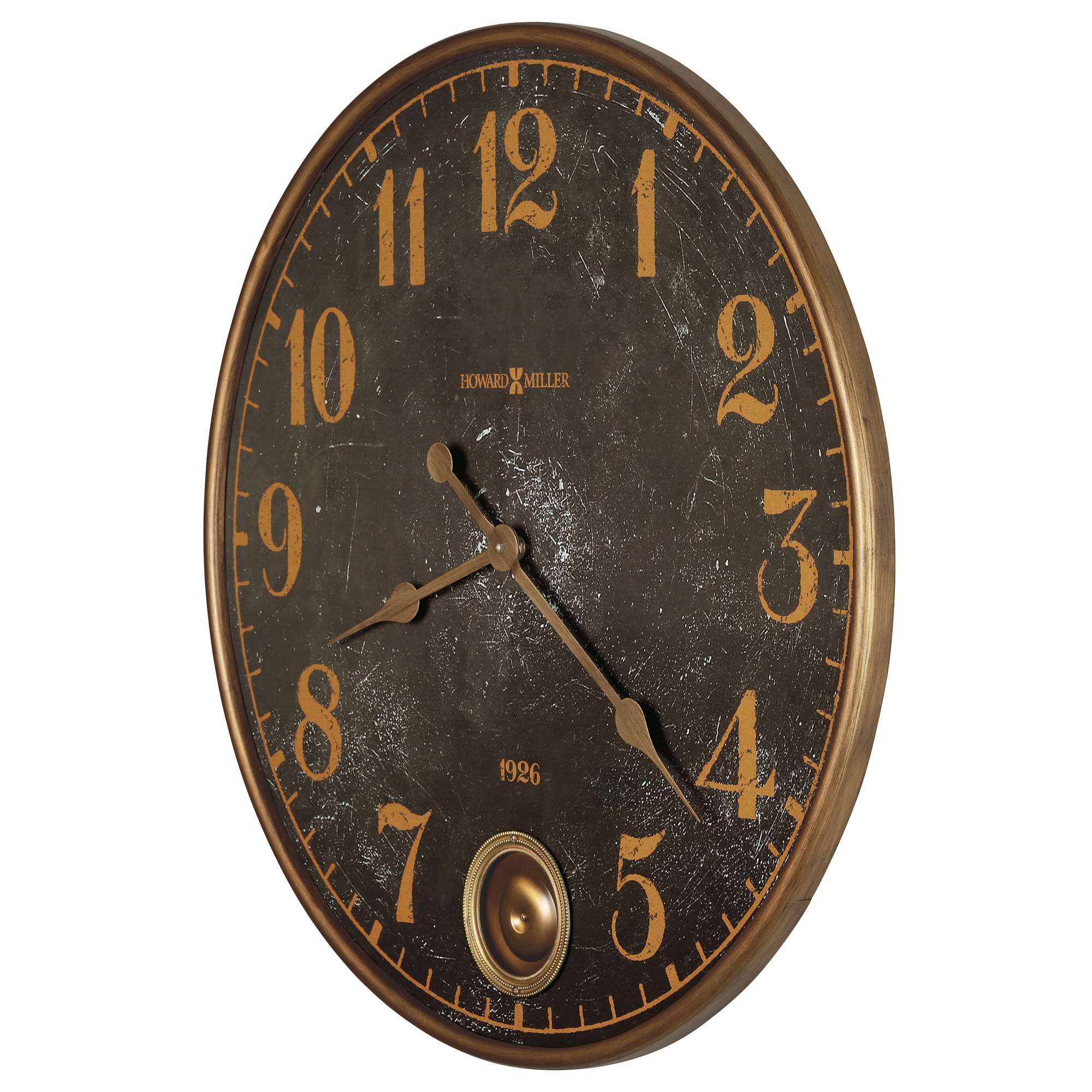 Vintage oval wall clock with large numbers and a worn black face