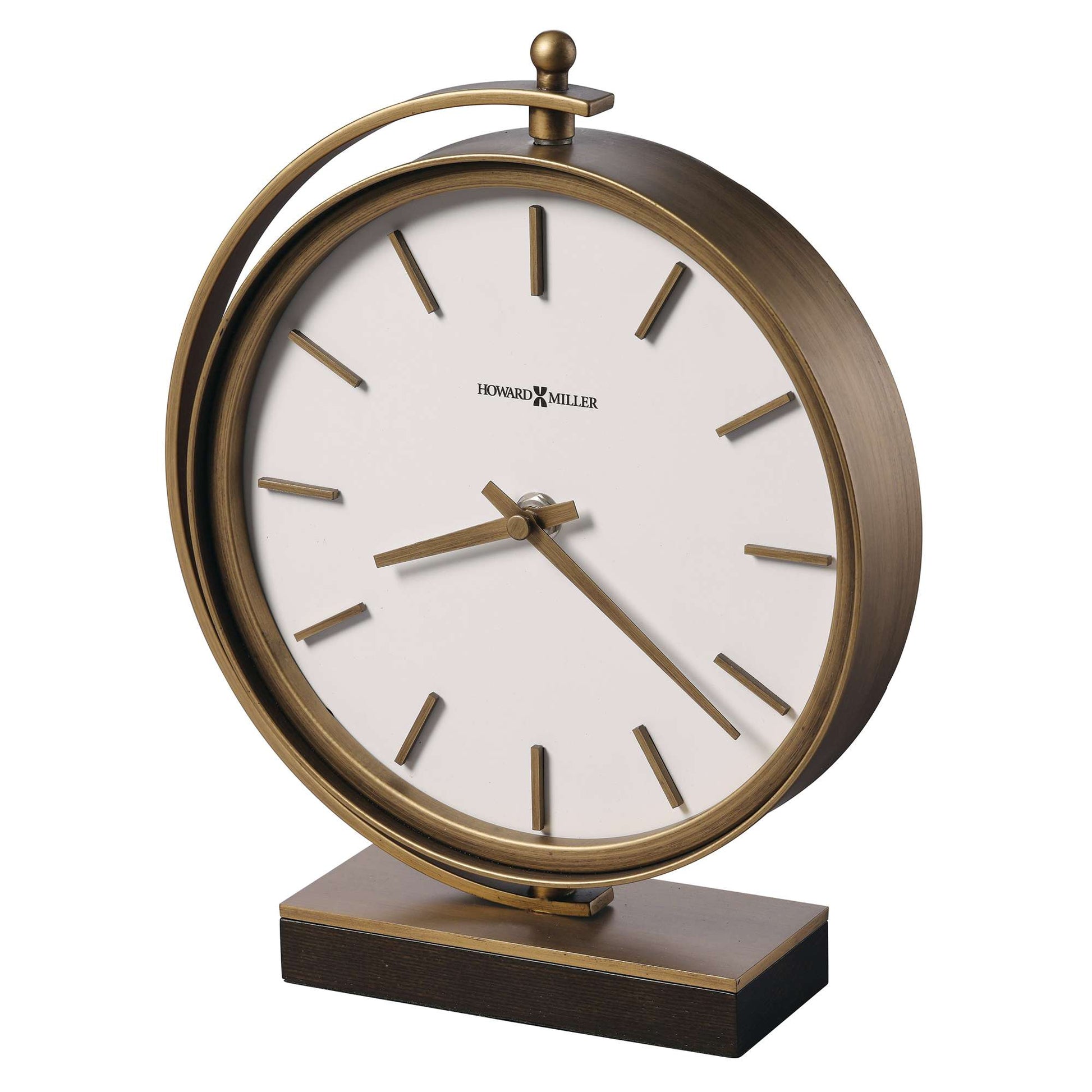 A stylish vintage desk clock with a round bronze frame and a white face, featuring simple black hour markers and hands.