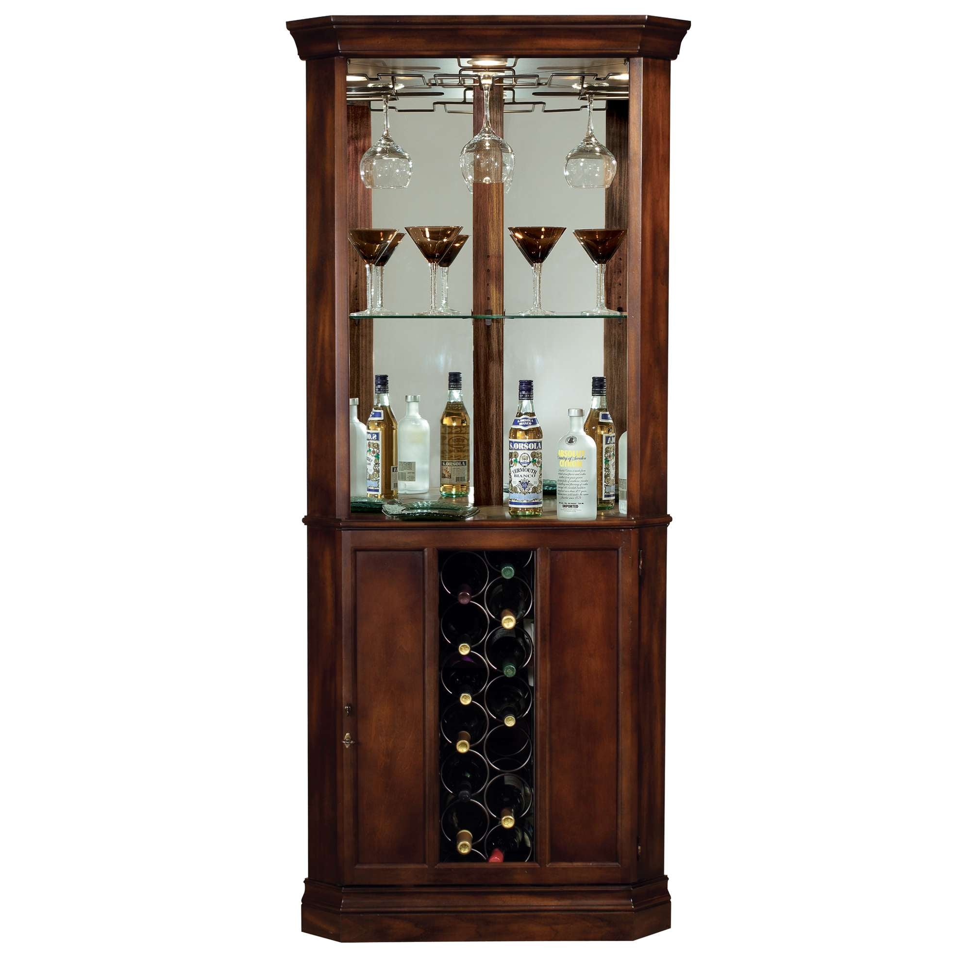 Wooden liquor cabinet with glass shelves displaying bottles and wine storage.
