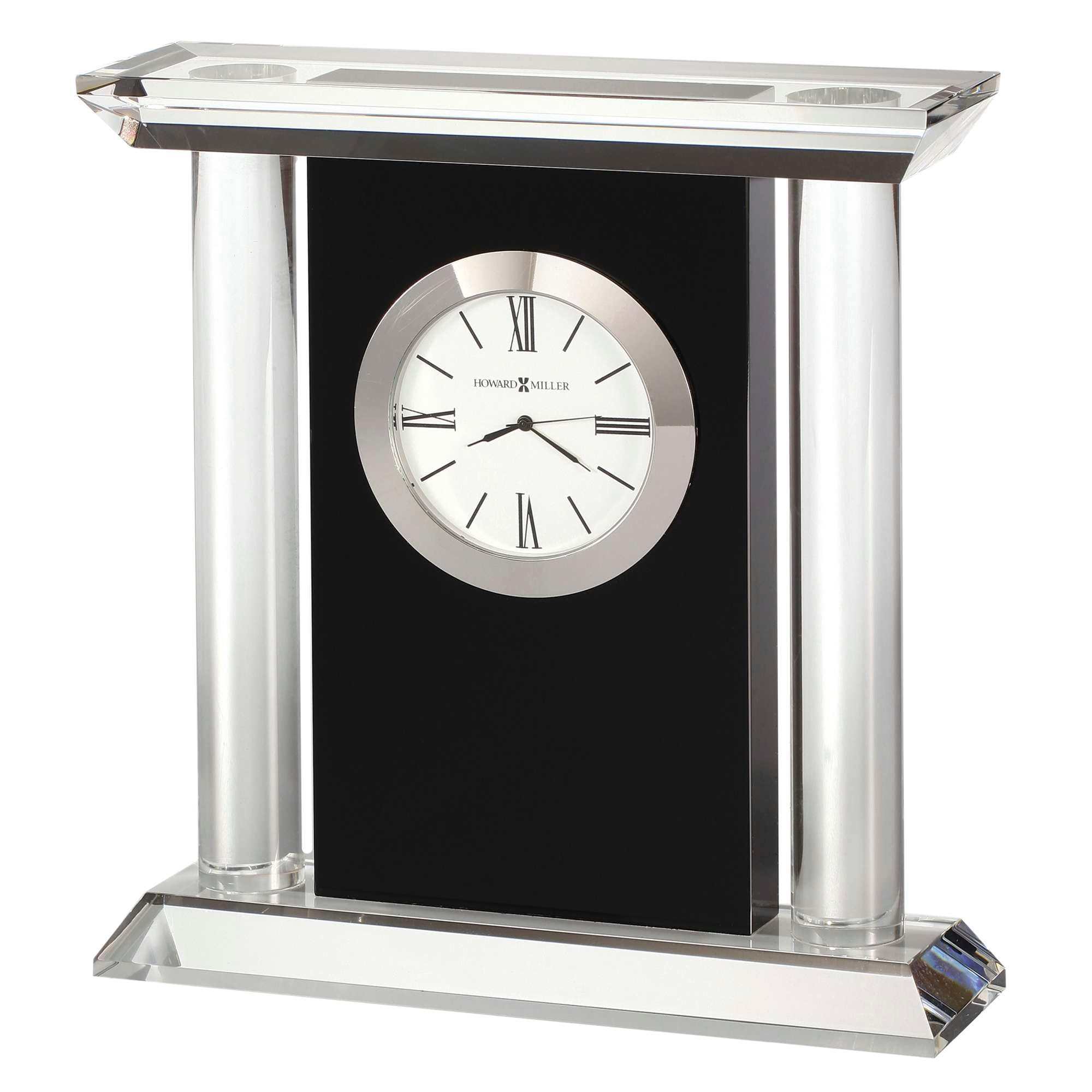 Elegant desk clock with circular face and crystal pillars.