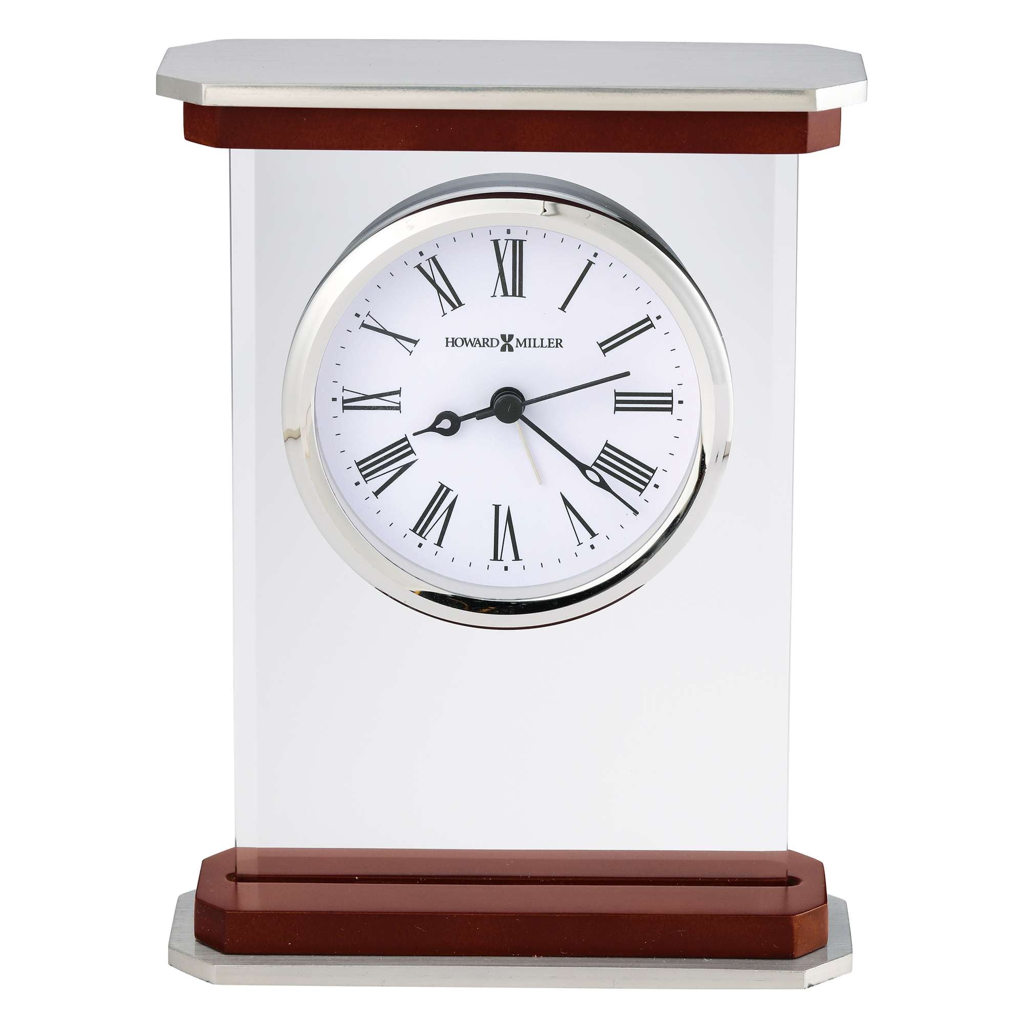 A modern desk clock with a transparent case and a round white face featuring Roman numerals and black hands.