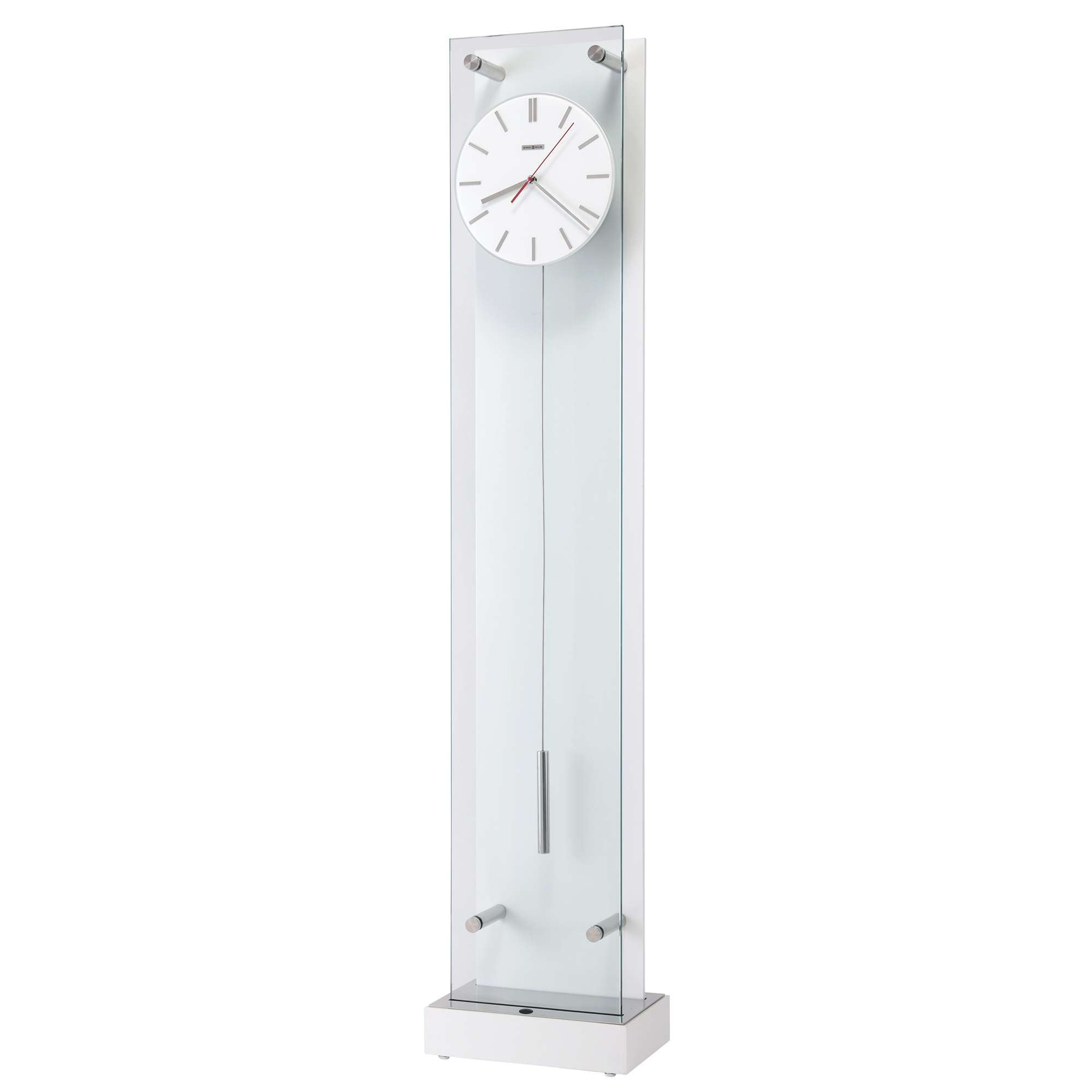 Modern tall wall clock with a white face and clear glass design.