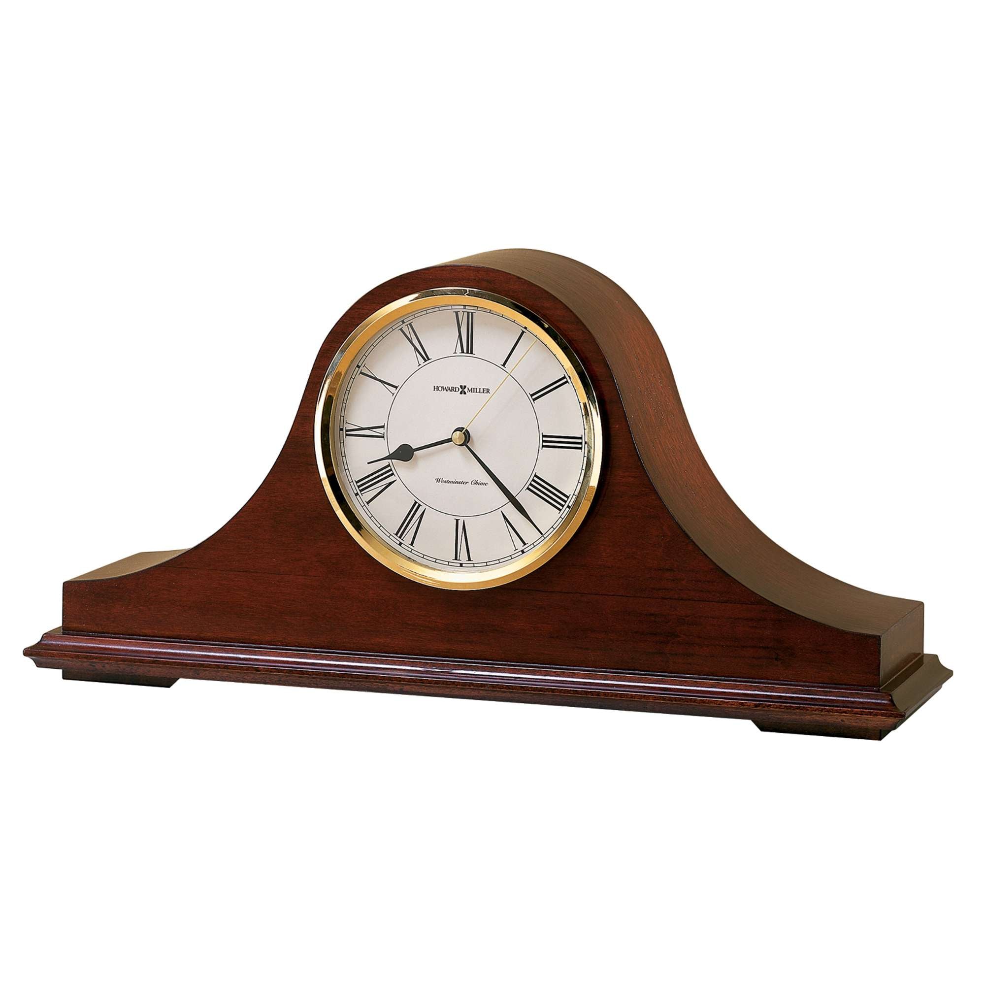 Elegant wooden mantel clock with a round white face and Roman numerals.