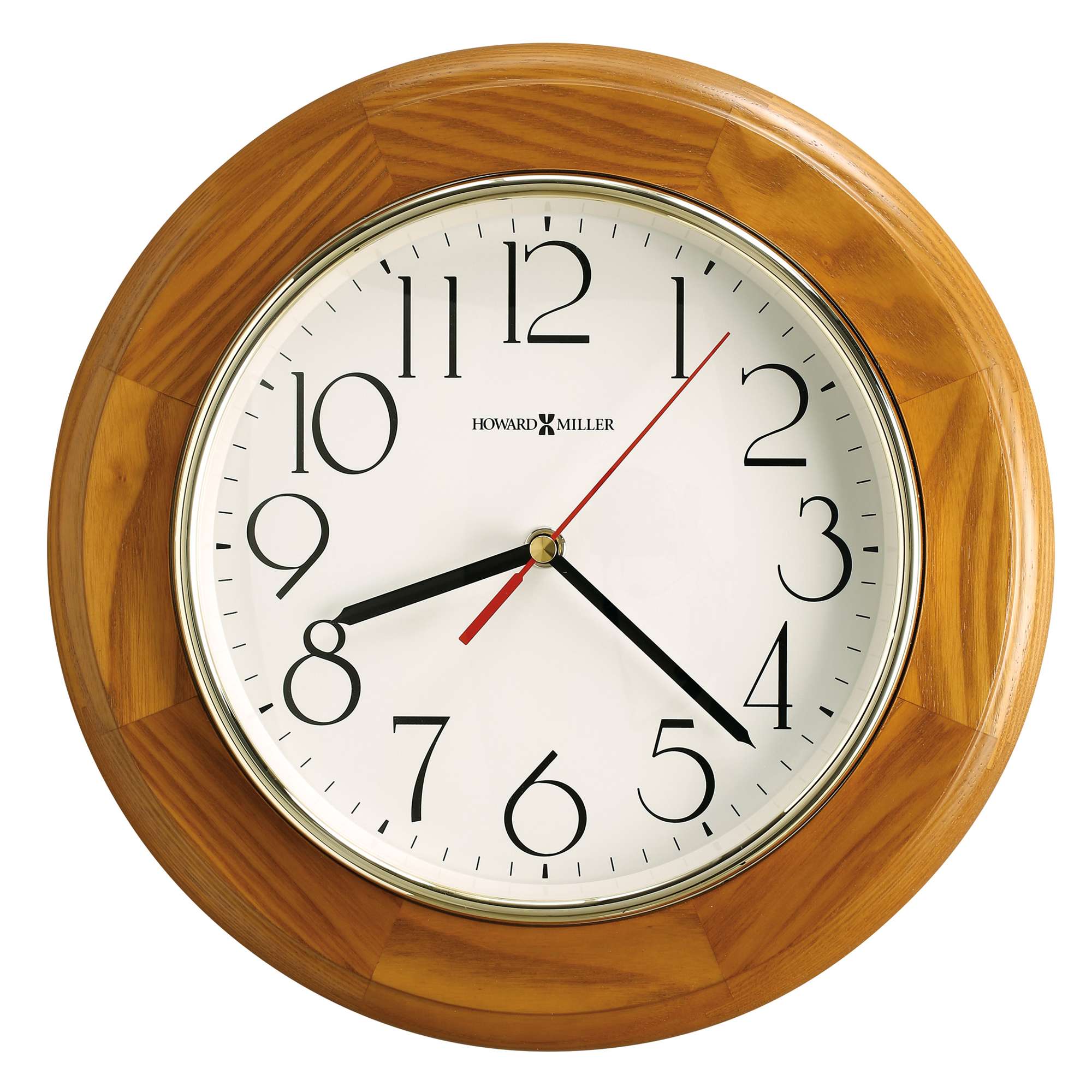A wooden wall clock with a white face and black numbers.