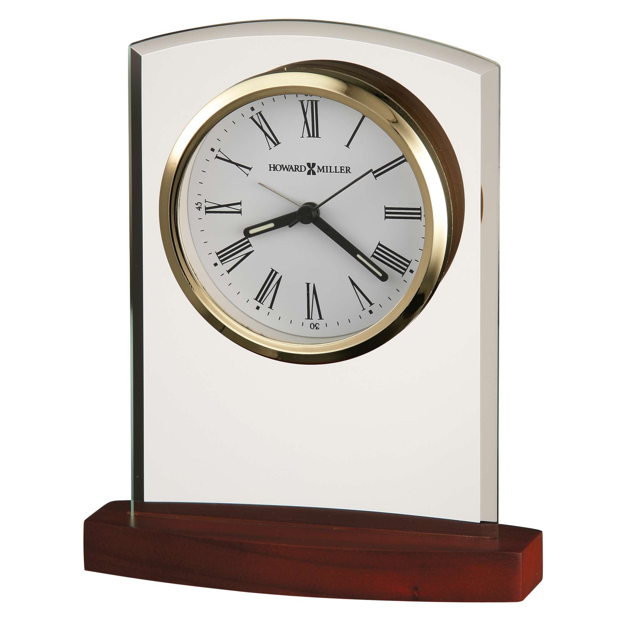 Elegant desktop clock with a circular face and Roman numerals on a wooden base.