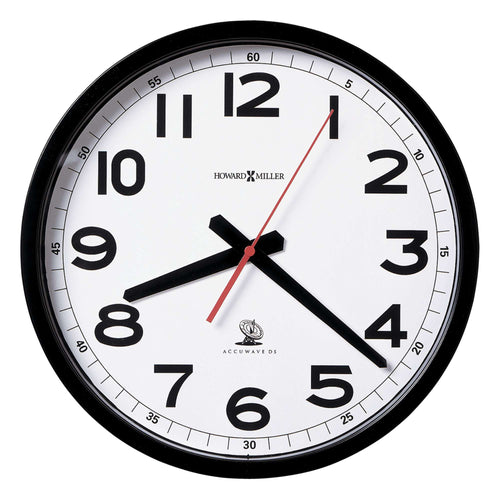 A black wall clock with large numbers and red second hand.