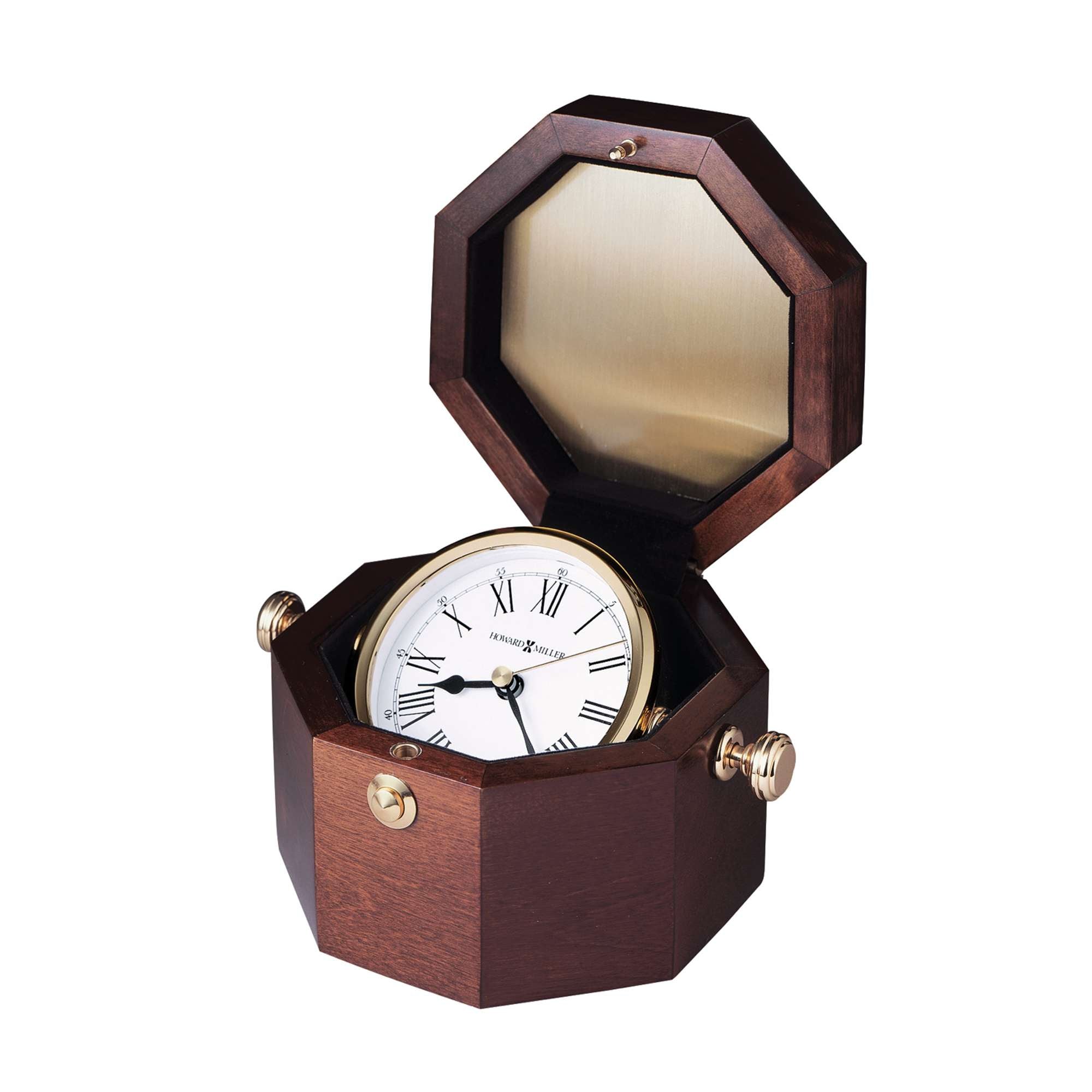 A wooden octagonal clock housed in an open box.