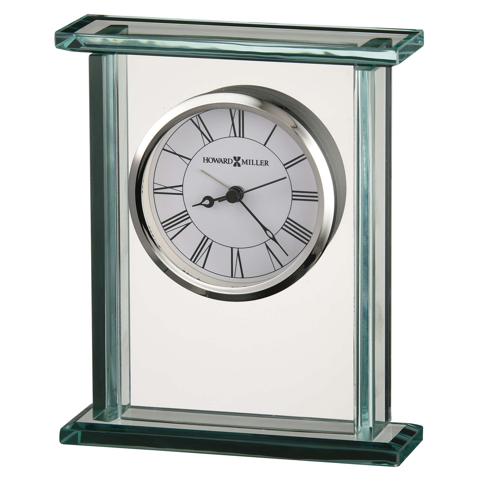 Glass table clock with Roman numerals and sleek design.
