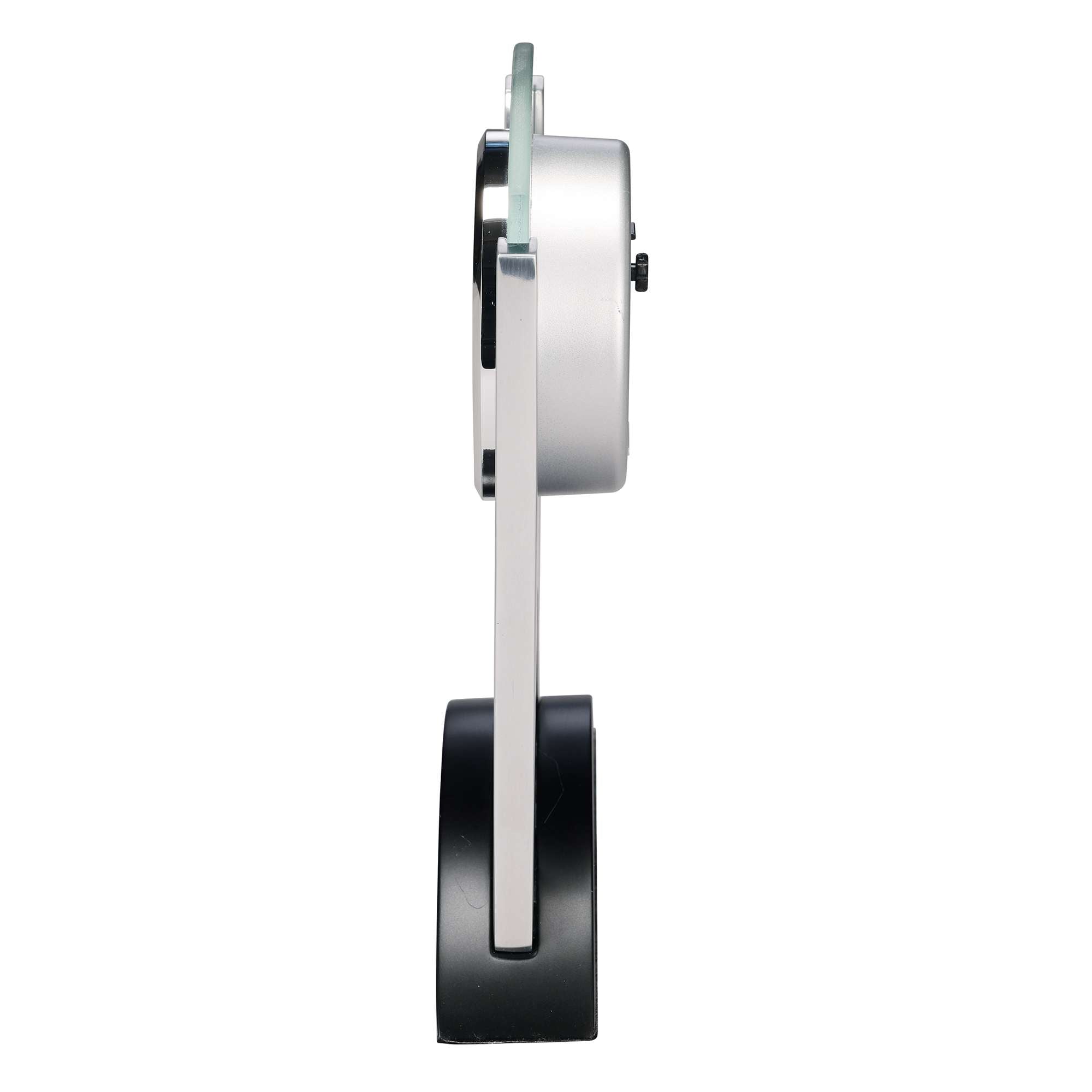 Profile view of a modern clock with a sleek design.