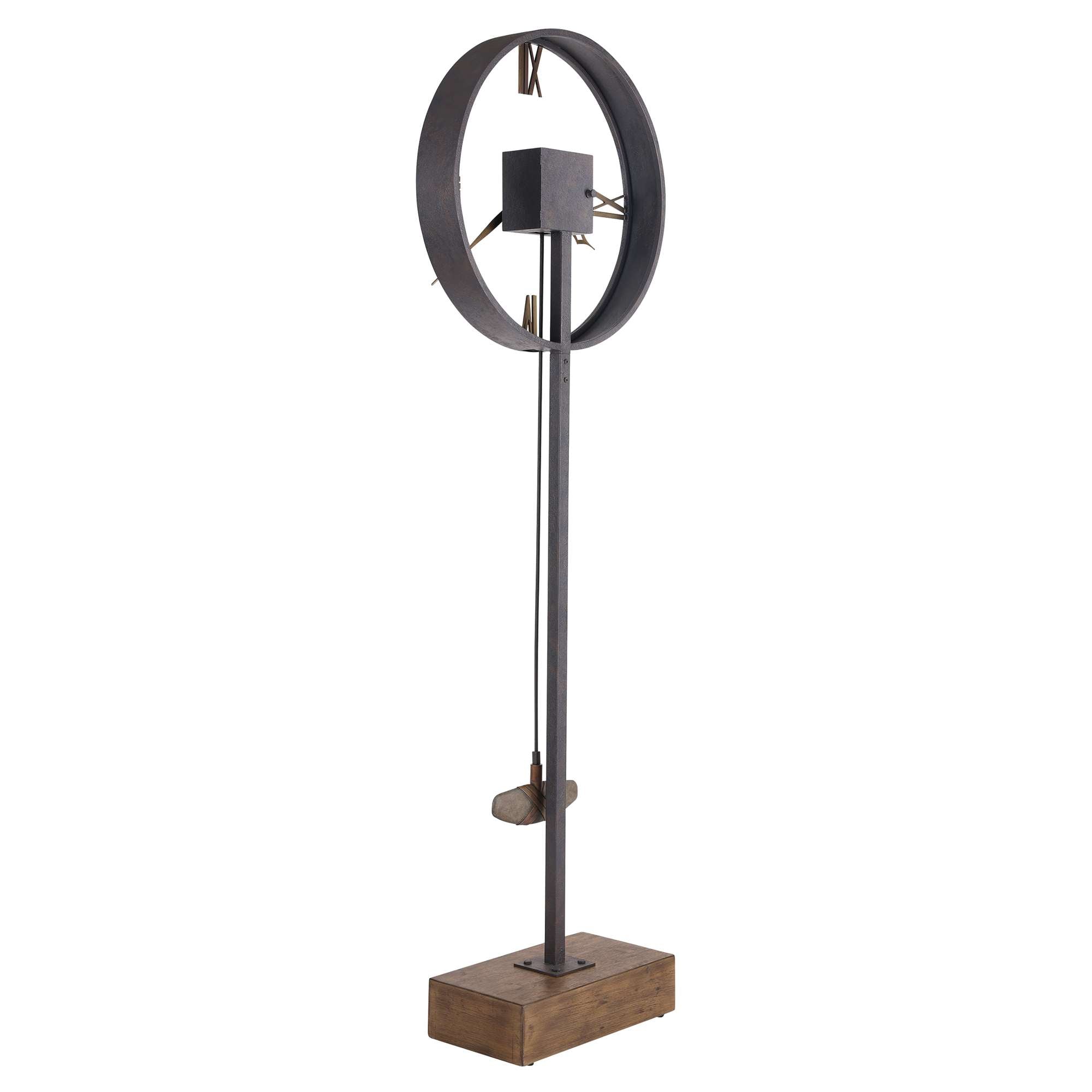 A modern metal sculpture featuring a circular design mounted on a sturdy base