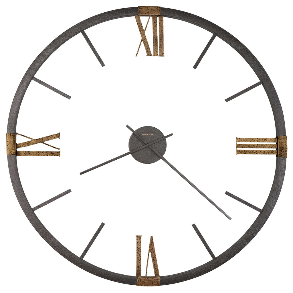 A round wall clock with Roman numerals and a black and gold color scheme.