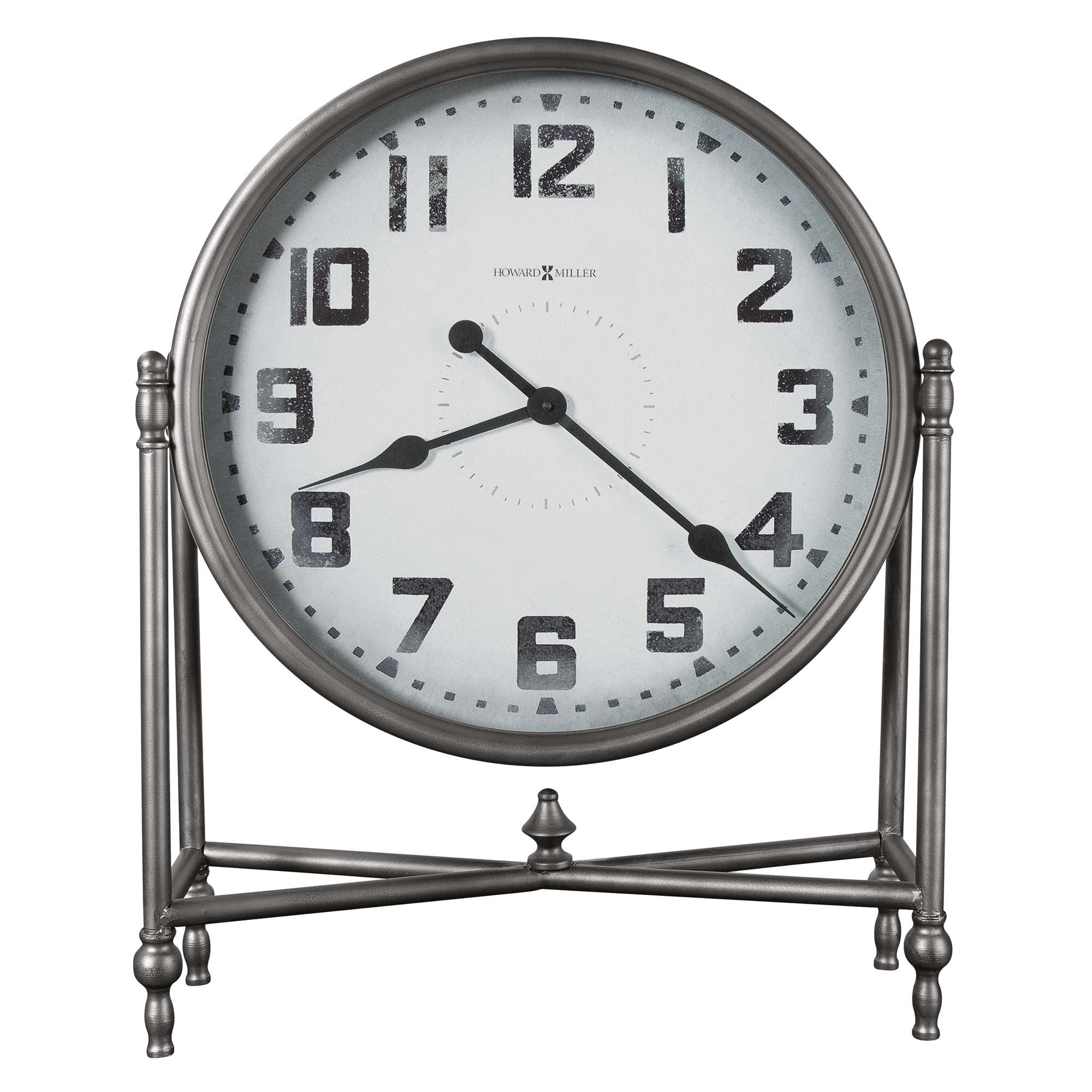 A vintage-style round clock with a metal frame, featuring large black numbers and hands on a white face.